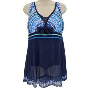 American Trends Womans size XXXL Geo Print Mesh Swimdress One Piece Blue NWOT